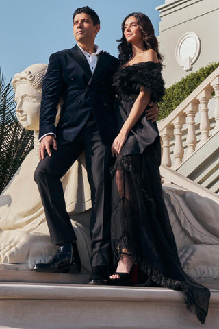 Blue velvet peak lapel double breasted tuxedo set