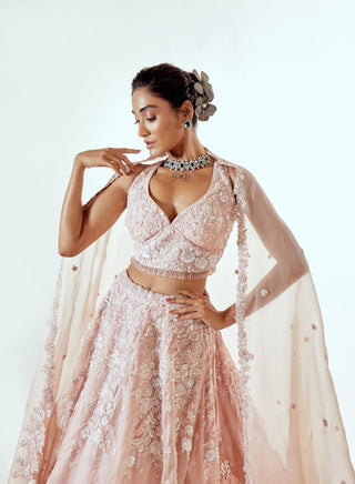 Lehenga Set for Indian Weddings – Pink Half Garden Cape Style by Pallavi Poddar