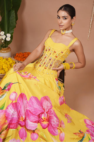 Lehenga set for Indian Wedding – Mustard Floral Corset Heavy by AHI Clothing