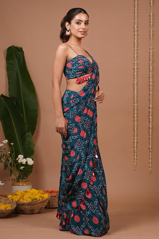 Drape saree for Indian Wedding – Teal Blue Red Bandhej Printed by AHI Clothing