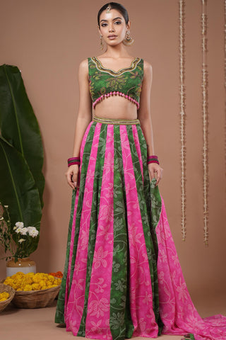 Lehenga set for Indian Wedding – Green Pink Bandhani Floral by AHI Clothing