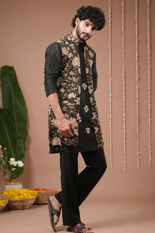 Kurta set for Indian Wedding – Olive Green Heavy Sheer Jacket by AHI Clothing