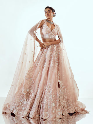Lehenga Set for Indian Weddings – Pink Half Garden Cape Style by Pallavi Poddar