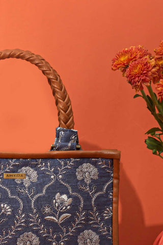 Blue jharokha embroidered handbag