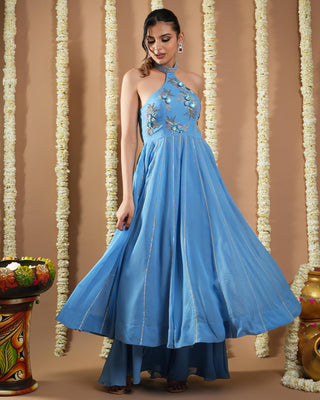 Blue avyanna halter neck anarkali set
