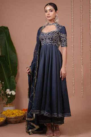 Anarkali suit for Indian Wedding – Navy Blue Silk Satin by AHI Clothing
