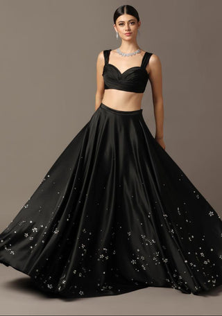 Black satin lehenga set with draped blouse