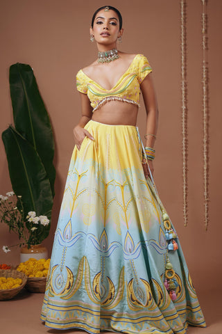 Lehenga set for Indian Wedding – Yellow Firozi Printed by AHI Clothing