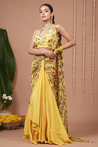 Drape saree for Indian Wedding – Bright Yellow Halter Neck by AHI Clothing
