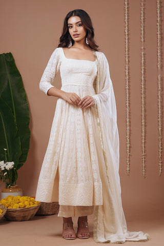 Anarkali suit for Indian Wedding – Ivory Chikankari by AHI Clothing