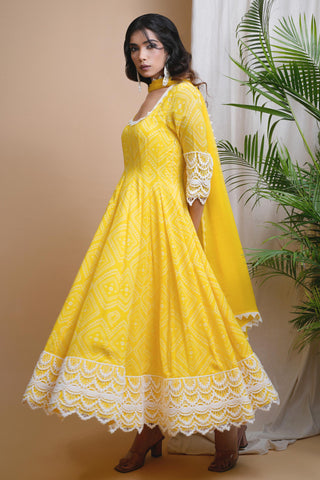 Yellow sitara bandhani digital print anarkali set