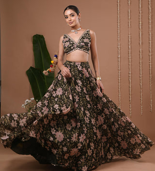 Organza lehenga for Indian Wedding – Olive Green Floral Printed by AHI Clothing