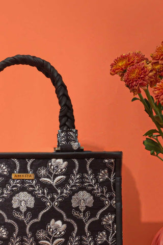 Black jharokha embroidered handbag