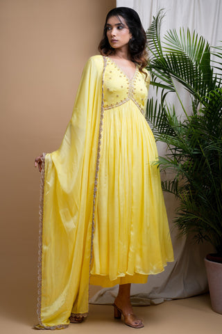 Yellow sitara chiffon anarkali set
