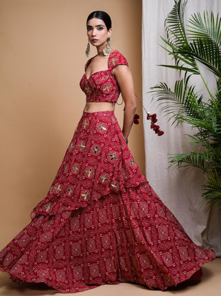 Red sitara bandhani digital print indo lehenga set