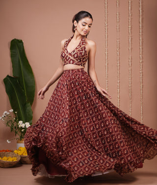 Lehenga set for Indian Wedding – Maroon Halter Neck by AHI Clothing