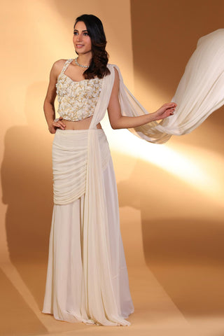 Pre-draped saree Indian Wedding – Ivory Gold & Pearl Embroidery by Kiyohra