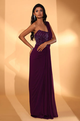 Saree gown Contemporary Wear – Plum Embroidered Gown by Kiyohra