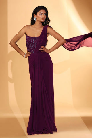 Saree gown Contemporary Wear – Plum Embroidered Gown by Kiyohra