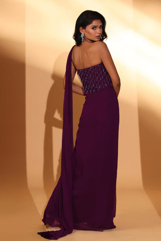Saree gown Contemporary Wear – Plum Embroidered Gown by Kiyohra