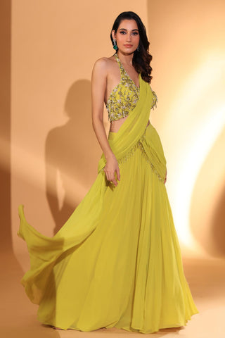 Pre-draped saree Indian Wedding – Lime Yellow Saree-Lehenga by Kiyohra