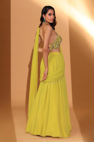 Pre-draped saree Indian Wedding – Lime Yellow Saree-Lehenga by Kiyohra