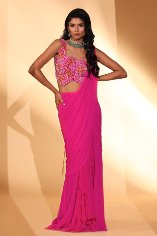 Pre-draped saree Indian Wedding – Pink Saree Set by Kiyohra