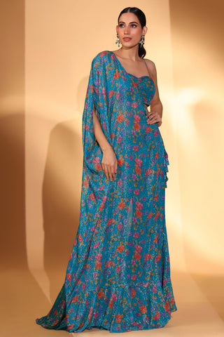 Pant set Contemporary Wear – Teal Blue Gardenia Print Set by Kiyohra