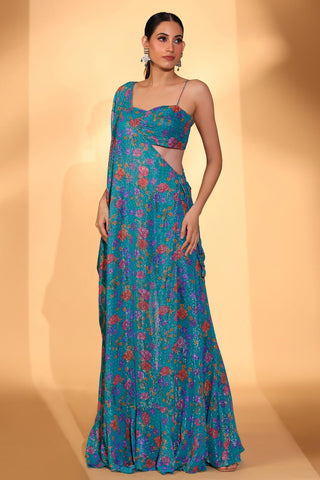 Pant set Contemporary Wear – Teal Blue Gardenia Print Set by Kiyohra