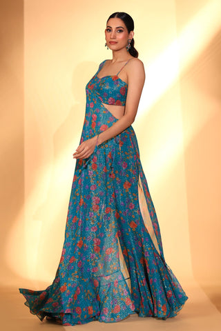 Pant set Contemporary Wear – Teal Blue Gardenia Print Set by Kiyohra