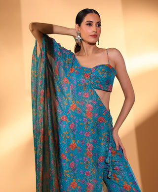 Pant set Contemporary Wear – Teal Blue Gardenia Print Set by Kiyohra