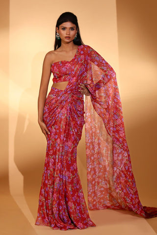 Saree set Indian Wedding – Red Gardenia Print Saree Set by Kiyohra