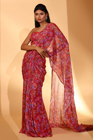 Saree set Indian Wedding â€“ Red Gardenia Print Saree Set by Kiyohra