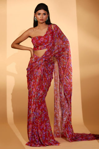 Saree set Indian Wedding – Red Gardenia Print Saree Set by Kiyohra