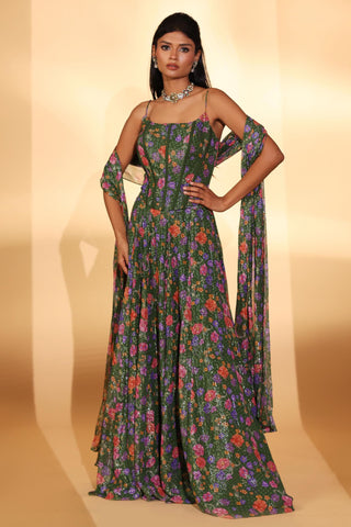 Lehenga Indian Wedding – Green Gardenia Print Lehenga by Kiyohra