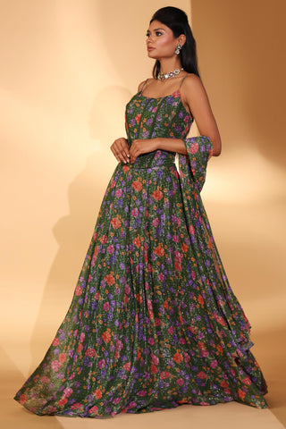 Lehenga Indian Wedding – Green Gardenia Print Lehenga by Kiyohra