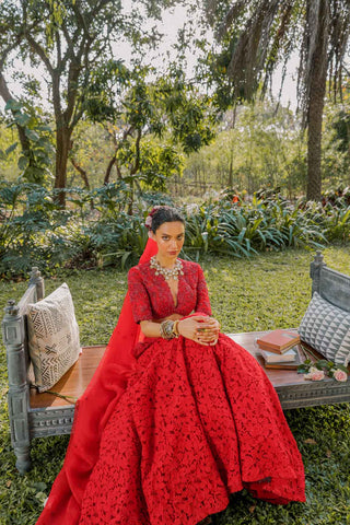 Red bohemian frida wildflower lehenga set