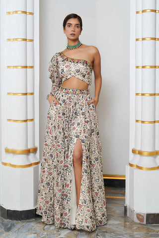 Cream floral one shoulder blouse and lehenga