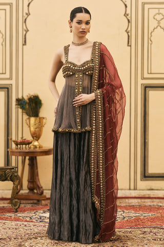 Sharara Set for Indian Wedding - Black Polki Neel-Shyam Tissue Organza Sharara Set by Itrh at Mrs. G