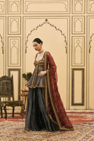Sharara Set for Indian Wedding - Black Polki Neel-Shyam Tissue Organza Sharara Set by Itrh at Mrs. G