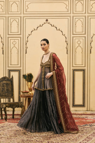 Sharara Set for Indian Wedding - Black Polki Neel-Shyam Tissue Organza Sharara Set by Itrh at Mrs. G