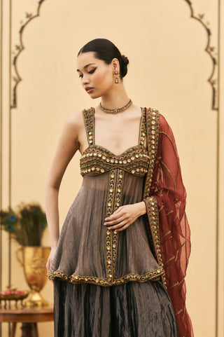 Sharara Set for Indian Wedding - Black Polki Neel-Shyam Tissue Organza Sharara Set by Itrh at Mrs. G