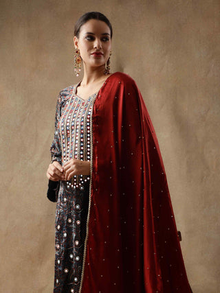 Blue velvet & silk kurta set