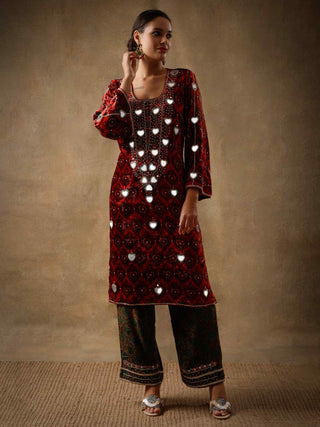 Red velvet and silk kurta set