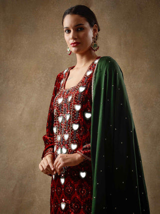 Red velvet and silk kurta set