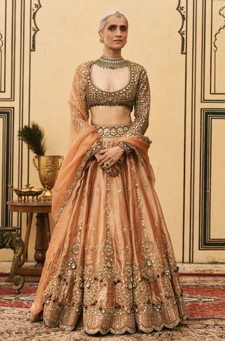 Lehenga Set for Indian Wedding - Orange Polki Chaand Baali Tissue Lehenga Set by Itrh at Mrs. G