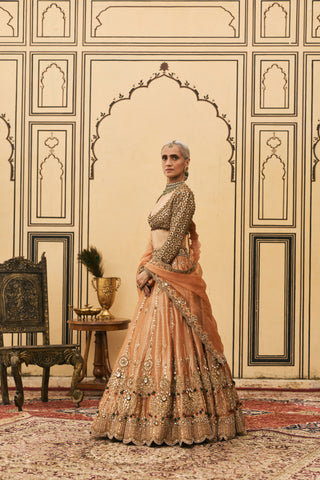 Lehenga Set for Indian Wedding - Orange Polki Chaand Baali Tissue Lehenga Set by Itrh at Mrs. G