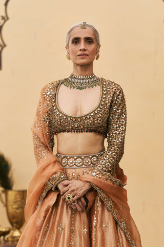 Lehenga Set for Indian Wedding - Orange Polki Chaand Baali Tissue Lehenga Set by Itrh at Mrs. G
