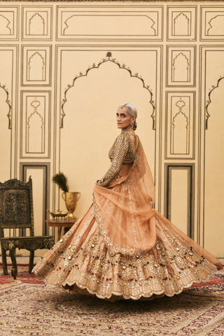 Lehenga Set for Indian Wedding - Orange Polki Chaand Baali Tissue Lehenga Set by Itrh at Mrs. G