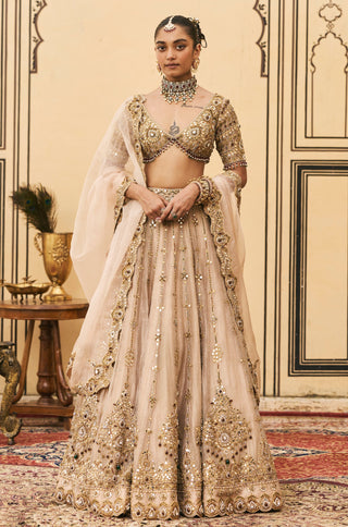 Lehenga Set for Indian Wedding - Gold Polki Maang Tika Tissue Lehenga Set by Itrh at Mrs. G